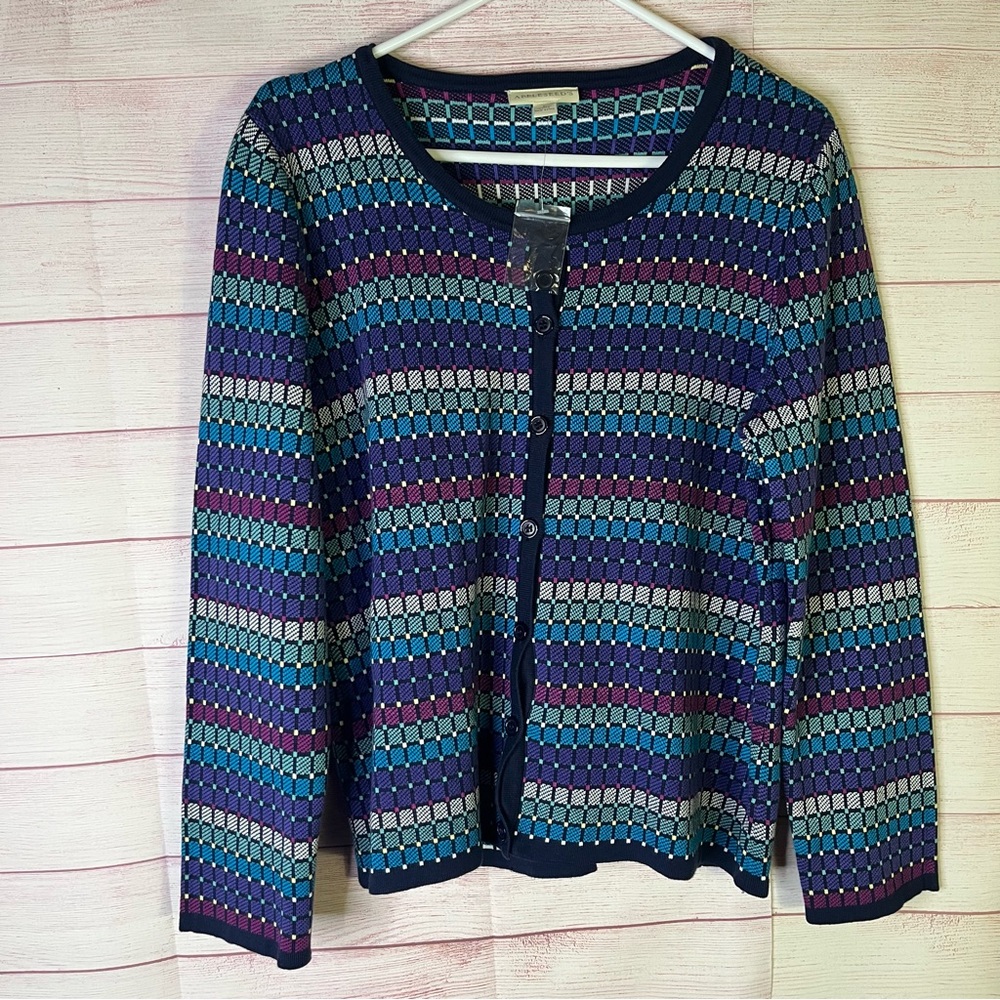 Appleseed's Multi-Colored Geometric Pattern Button Front Cardigan Sweater Size L